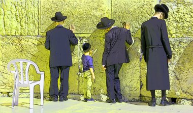 JERUSALEM ISRAEL - 26 10 16: Yahudi hasidik duası bir Batı Duvarı, Ağlama Duvarı Ağlama Duvarı tabela illüstrasyonu renk lekeli pop-art arkaplan simgesi