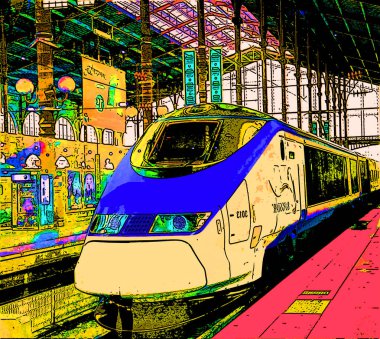 PARIS, FRANCE - 10 12 2013: Yolcu uluslararası treni yüksek hızlı TGV tren tabelasının yanında duruyor renk lekeli pop-art arkaplan simgesi