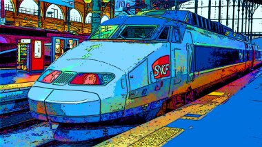 PARIS, FRANCE - 10 12 2013: Yolcu uluslararası treni yüksek hızlı TGV tren tabelasının yanında duruyor renk lekeli pop-art arkaplan simgesi