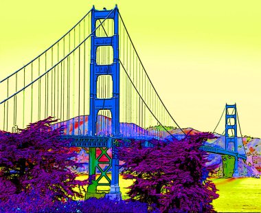 SAN FRANCISCO CA USA - 04: 12 2015: Altın Geçit Köprüsü işareti çizimi renk lekeli pop-art arkaplan simgesi