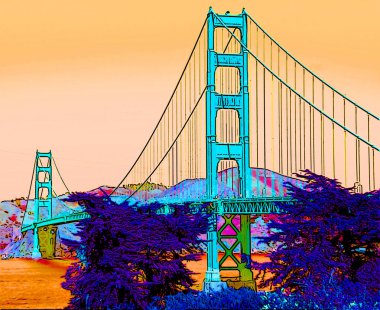 SAN FRANCISCO CA USA - 04: 12 2015: Altın Geçit Köprüsü işareti çizimi renk lekeli pop-art arkaplan simgesi