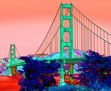 SAN FRANCISCO CA USA - 04: 12 2015: Altın Geçit Köprüsü işareti çizimi renk lekeli pop-art arkaplan simgesi