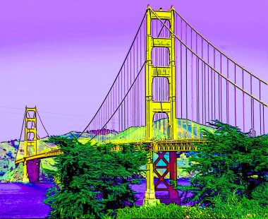 SAN FRANCISCO CA USA - 04: 12 2015: Altın Geçit Köprüsü işareti çizimi renk lekeli pop-art arkaplan simgesi