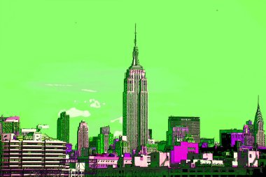 NEW YORK CITY, New York - 10: 23 2013: Midtown and the Empire State Building imzalı, renkli pop-art arkaplan simgesi
