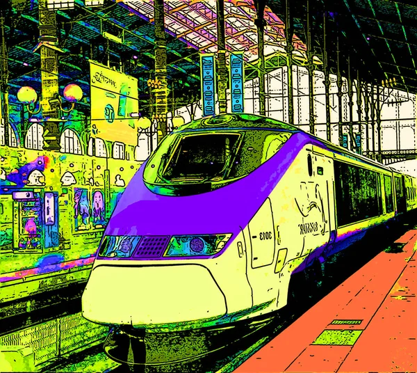 フランス 2013年10月12日 高速Tgvの列車の看板イラストのポップアートの背景のアイコンで乗客の国際列車が立っているカラースポット — ストック写真