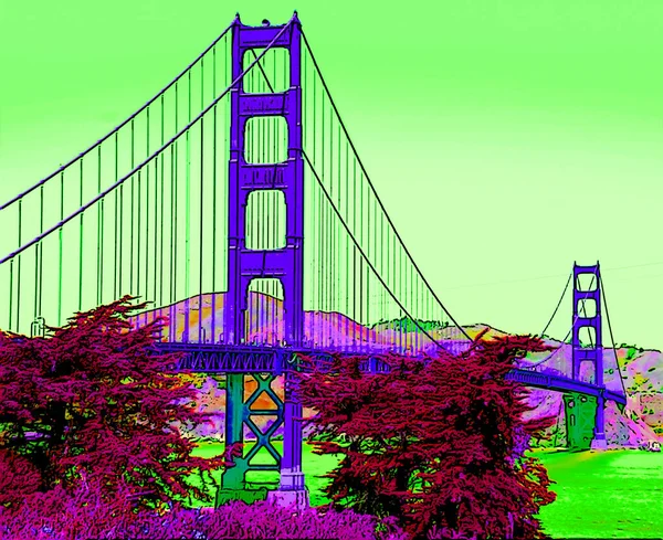 SAN FRANCISCO CA USA - 04: 12 2015: Altın Geçit Köprüsü işareti çizimi renk lekeli pop-art arkaplan simgesi