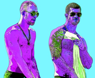 MONTREAL İbne Kanada - 08: 16 2015: genç eşcinsel adam. Pop Art retro tabela resimleme arkaplan simgesi renk benekleri