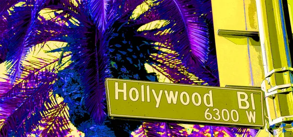 Hollywood Usa 2015 Hollywood Boulevard Straatnaambord Illustratie Pop Art Achtergrond — Stockfoto