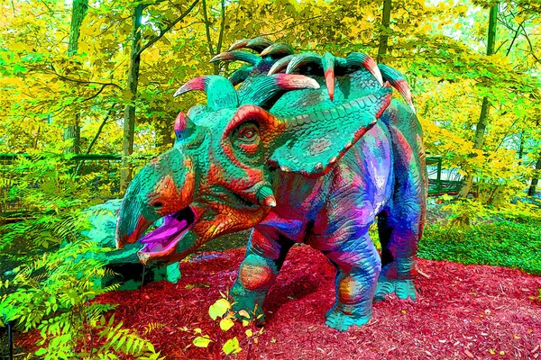 Kosmoceratops Kosmoceratops 是一种生活在北美的色龙属 它生活在大约7 675 9百万年前白垩纪晚期 象征着带有色斑的流行艺术背景图标 — 图库照片