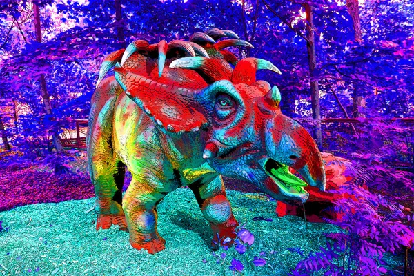 Kosmoceratops Kosmoceratops 是一种生活在北美的色龙属 它生活在大约7 675 9百万年前白垩纪晚期 象征着带有色斑的流行艺术背景图标 — 图库照片