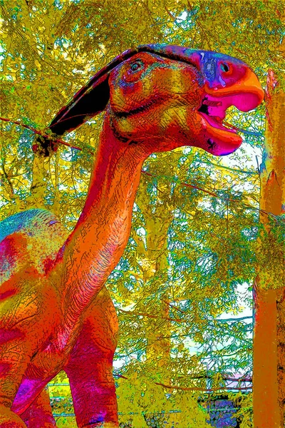 近花冠蜥蜴 Parasaurolophus 是一种草食性的血龙类动物 其原始足类恐龙的标志是带有色斑的流行艺术背景图标 — 图库照片