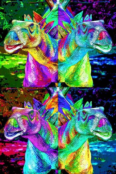龙的屋顶蜥蜴是一种产于侏罗纪晚期的食草四足装甲恐龙 象征着带有色斑的流行艺术背景图标 — 图库照片