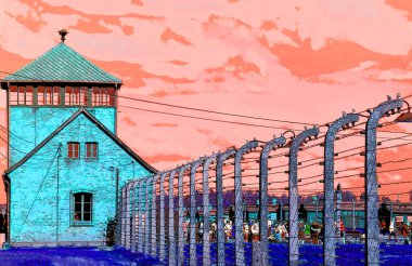 AUSCHWitZ BIRKENAU POLAND - 09: 17: Auschwitz toplama kampı ana giriş işareti renk benekli pop-art arkaplan simgesi