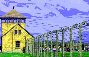 AUSCHWitZ BIRKENAU POLAND - 09: 17: Auschwitz toplama kampı ana giriş işareti renk benekli pop-art arkaplan simgesi