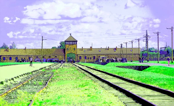 Auschwitz Birkenau Poland Auschwitz集中营标志 带有色彩的流行艺术背景图标 — 图库照片