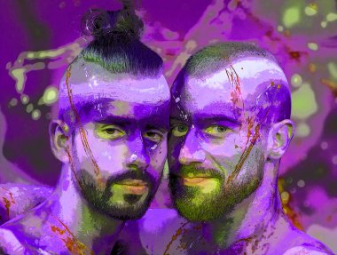 MONTREAL İbne Kanada - 08: 16 2015: İki genç gay erkek vücut boyaması. Pop Art retro tabela resimleme arkaplan simgesi renk benekleri