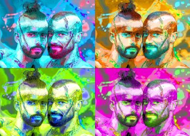MONTREAL İbne Kanada - 08: 16 2015: İki genç gay erkek vücut boyaması. Pop Art retro tabela resimleme arkaplan simgesi renk benekleri