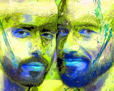 MONTREAL İbne Kanada - 08: 16 2015: İki genç gay erkek vücut boyaması. Pop Art retro tabela resimleme arkaplan simgesi renk benekleri