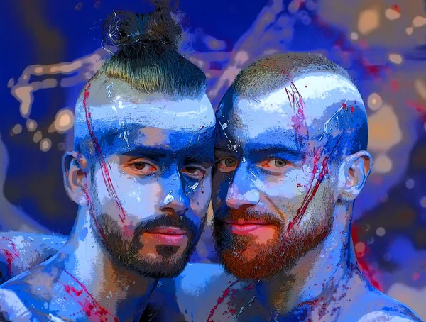 MONTREAL İbne Kanada - 08: 16 2015: İki genç gay erkek vücut boyaması. Pop Art retro tabela resimleme arkaplan simgesi renk benekleri