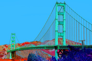 SAN FRANCISCO CA USA - 04: 12 2015: Altın Geçit Köprüsü işareti çizimi renk lekeli pop-art arkaplan simgesi