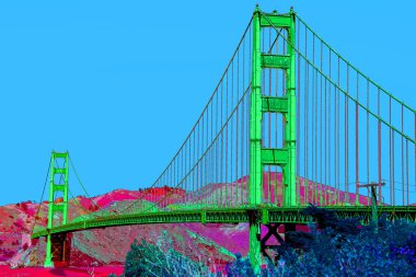 SAN FRANCISCO CA USA - 04: 12 2015: Altın Geçit Köprüsü işareti çizimi renk lekeli pop-art arkaplan simgesi