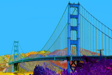 SAN FRANCISCO CA USA - 04: 12 2015: Altın Geçit Köprüsü işareti çizimi renk lekeli pop-art arkaplan simgesi