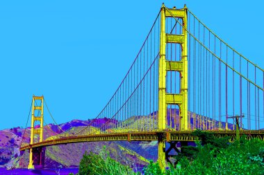 SAN FRANCISCO CA USA - 04: 12 2015: Altın Geçit Köprüsü işareti çizimi renk lekeli pop-art arkaplan simgesi