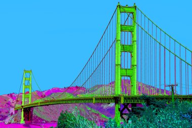 SAN FRANCISCO CA USA - 04: 12 2015: Altın Geçit Köprüsü işareti çizimi renk lekeli pop-art arkaplan simgesi