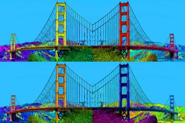 SAN FRANCISCO CA USA - 04: 12 2015: Altın Geçit Köprüsü işareti çizimi renk lekeli pop-art arkaplan simgesi