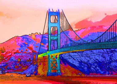 SAN FRANCISCO CA USA - 04: 12 2015: Altın Geçit Köprüsü işareti çizimi renk lekeli pop-art arkaplan simgesi