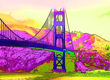 SAN FRANCISCO CA USA - 04: 12 2015: Altın Geçit Köprüsü işareti çizimi renk lekeli pop-art arkaplan simgesi