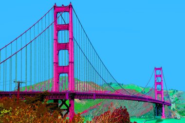 SAN FRANCISCO CA USA - 04: 12 2015: Altın Geçit Köprüsü işareti çizimi renk lekeli pop-art arkaplan simgesi