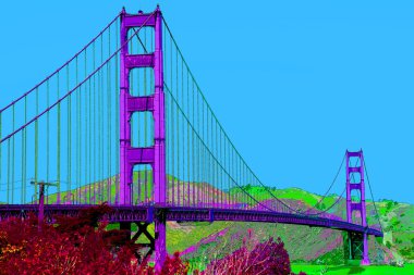 SAN FRANCISCO CA USA - 04: 12 2015: Altın Geçit Köprüsü işareti çizimi renk lekeli pop-art arkaplan simgesi