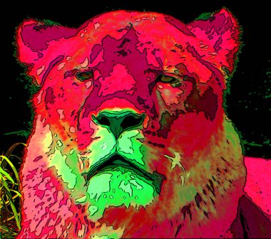 Aslan işareti resimleme canlı renk benekleri olan pop-art arkaplan simgesi