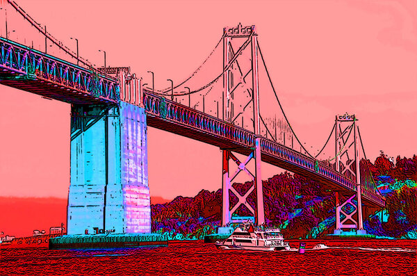 SAN FRANCISCO CA USA - APRIL 17: The San Francisco Oakland Bay Bridge (known as the Bay Bridge) sign illustration pop-art background icon with color spots