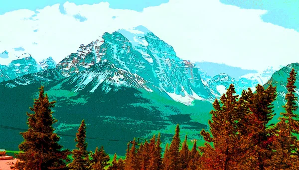 Rocky Mountains Landschap Teken Illustratie Pop Art Achtergrond Pictogram Met — Stockfoto