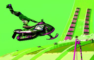 MONTREAL CANADA - 02 17 2007: Barbegazi Kış Ekstrem Spor Festivali kar aracı atlayışında tanımlanamayan katılımcı