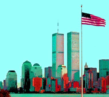 NEW YORK NY UNIOTED Eyaletleri - 05: 18 1995: 09-11-2001 şehir manzarasından önce Manhattan 'ın aşağısında renk lekeli pop-art arkaplan simgesi