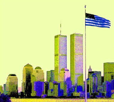 NEW YORK NY UNIOTED Eyaletleri - 05: 18 1995: 09-11-2001 şehir manzarasından önce Manhattan 'ın aşağısında renk lekeli pop-art arkaplan simgesi