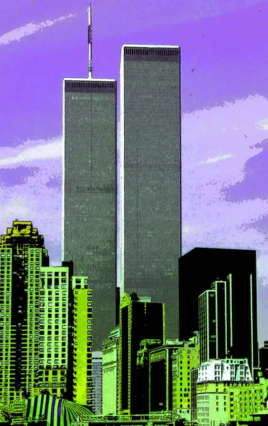 1995年05月18日 2001年11月9日之前的曼哈顿下城景观 带有带有带有彩色斑点的流行艺术背景图标 — 图库照片