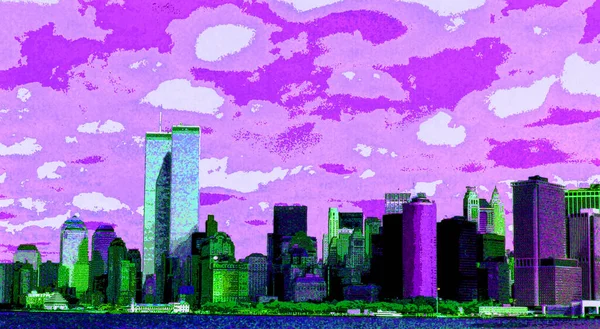 1995年05月18日 2001年11月9日之前的曼哈顿下城景观 带有带有带有彩色斑点的流行艺术背景图标 — 图库照片
