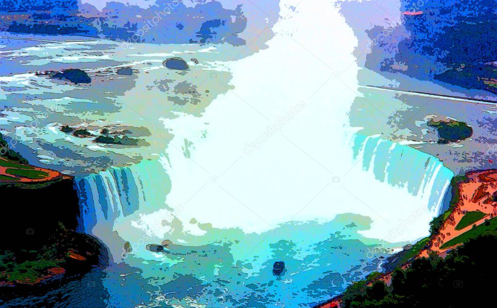 Niagara Falls is a group of 3 waterfalls, spanning the border between the province of Ontario in Canada and the state of New York sign illustration pop-art background icon with color spots