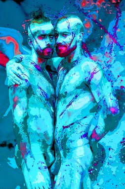 MONTREAL İbne Kanada - 08 16 2015: Vücut boyalı iki genç eşcinsel. Pop Art retro tabela resimleme arkaplan simgesi renk benekleri