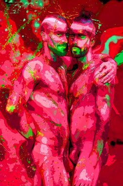 MONTREAL İbne Kanada - 08 16 2015: Vücut boyalı iki genç eşcinsel. Pop Art retro tabela resimleme arkaplan simgesi renk benekleri