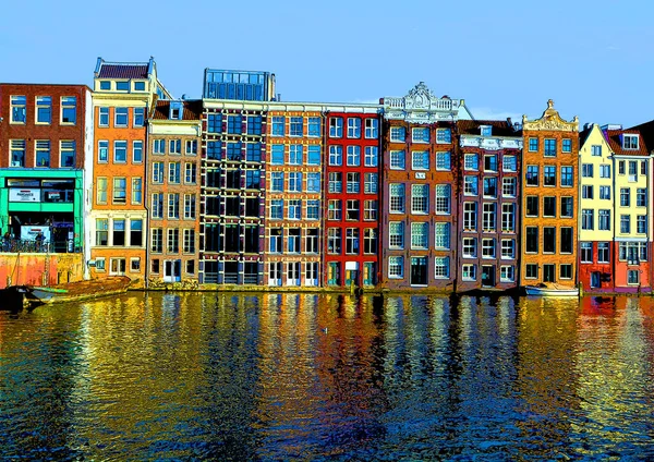 Amsterdam Niderlandy Październik 2015 Typowy Kanał Domy Znak Ilustracja Tło — Zdjęcie stockowe