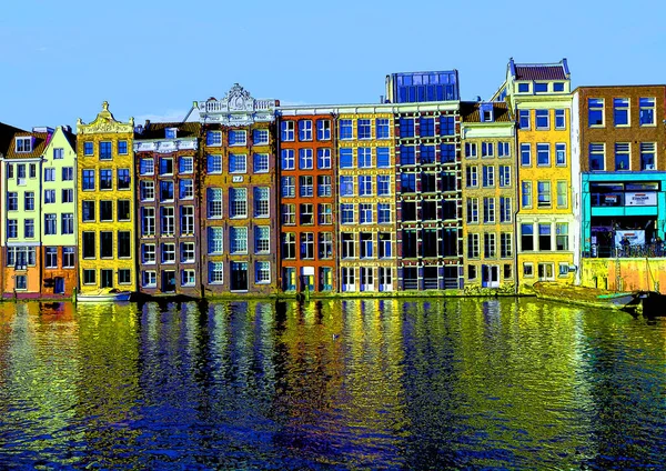 Amsterdam Nizozemsko Říjen 2015 Typický Kanál Domy Znamení Ilustrace Pozadí — Stock fotografie