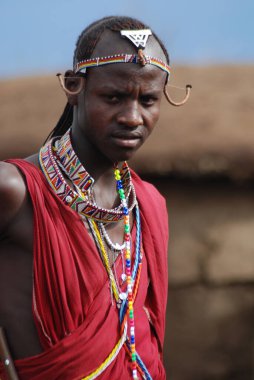 AMBOSELI, KENYA - 13 Ekim 2011 'de Masai Mara, Kenya' da genç bir Maasai erkeğinin portresi çekildi. Masai (Masai), Kenya ve Tanzanya 'nın kuzeyinde bulunan yarı göçebe bir etnik gruptur.