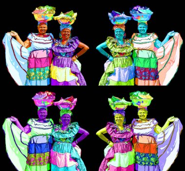 CARTAGENA DE INDIAS COLOMBIA - 11: 07: Palenquera kadın renk lekeli meyve tabelaları pop-art arkaplan ikonu satıyor