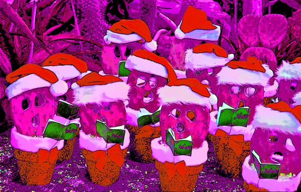 Kaktus Zimním Klobouku Vánoční Dekorace Kaktusy Věnci Znamení Ilustrace Pop — Stock fotografie