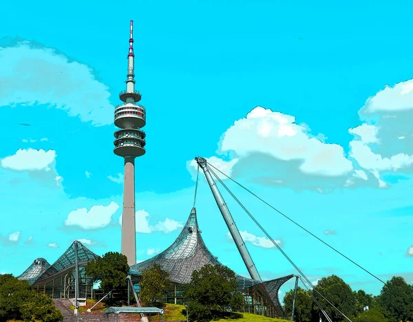 Munich Duitsland Juni Toren Van Het Stadion Van Het Olympiapark — Stockfoto